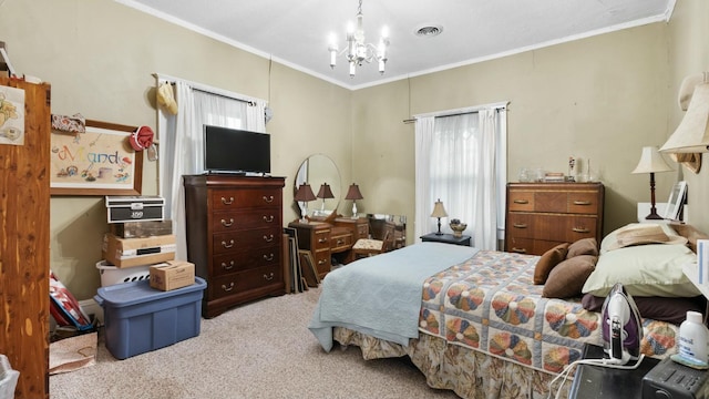 bedroom featuring crown molding, multiple windows, light carpet, and a notable chandelier