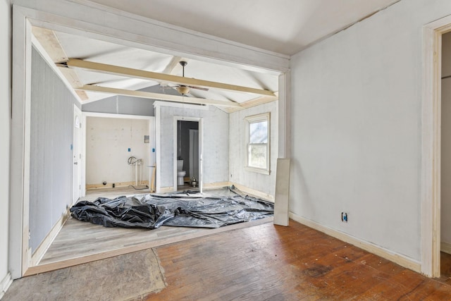 entryway with vaulted ceiling with beams, hardwood / wood-style floors, and ceiling fan