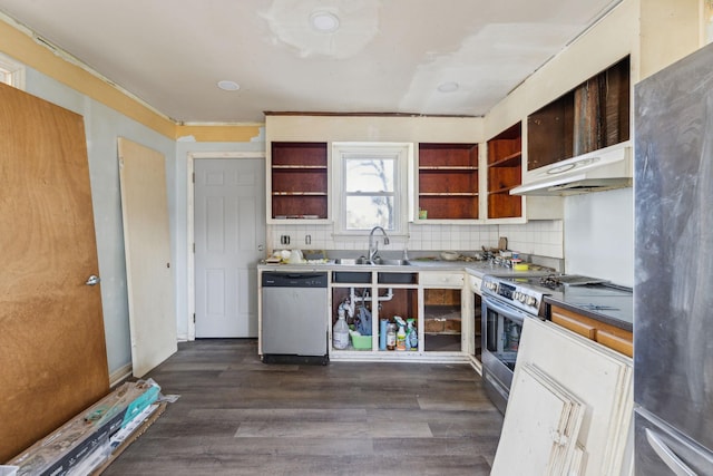 kitchen featuring dark hardwood / wood-style flooring, sink, decorative backsplash, and stainless steel appliances