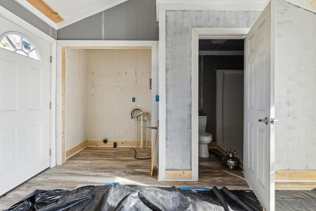 entrance foyer featuring vaulted ceiling and wood-type flooring