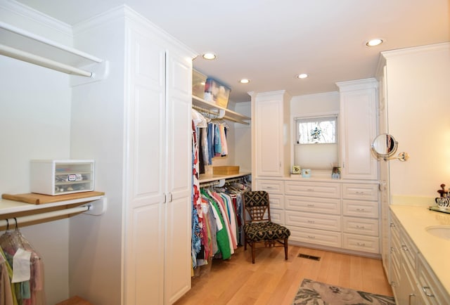 spacious closet featuring sink and light hardwood / wood-style flooring