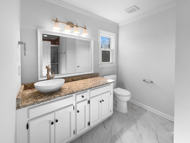 bathroom with crown molding, a shower with shower door, vanity, and toilet