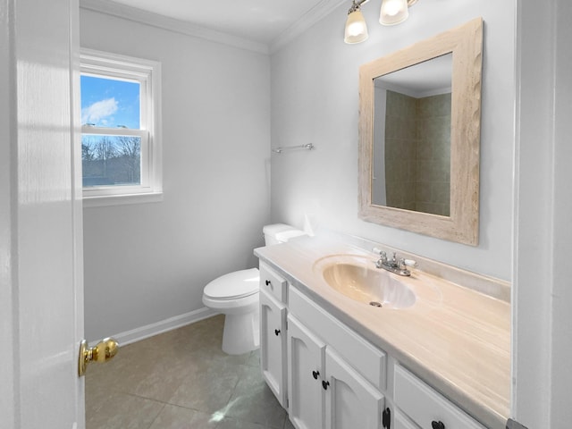 bathroom with crown molding, tile patterned floors, vanity, and toilet