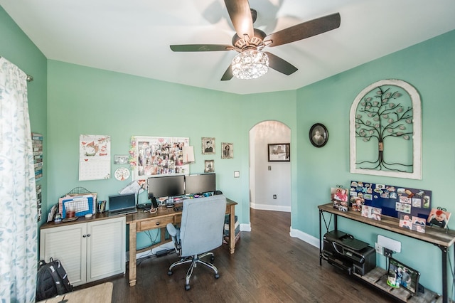 office space with dark wood-type flooring and ceiling fan