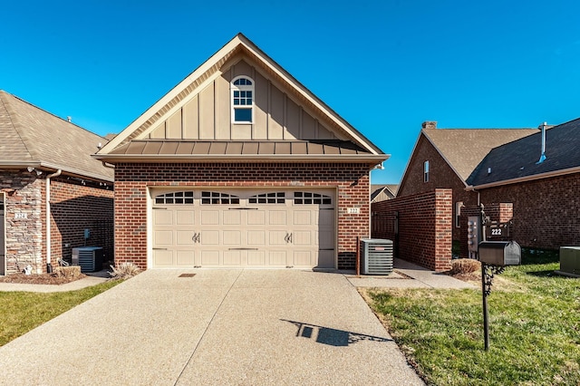 view of property exterior featuring a garage, a lawn, and central air condition unit