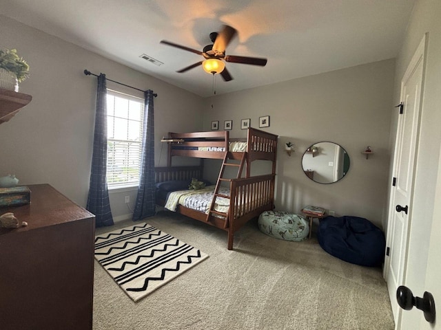 bedroom featuring carpet flooring and ceiling fan