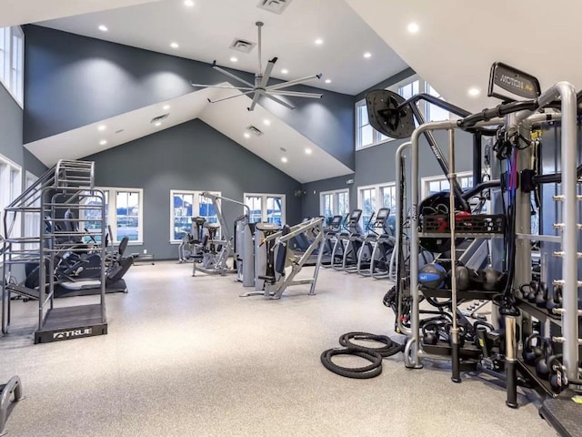 gym featuring high vaulted ceiling