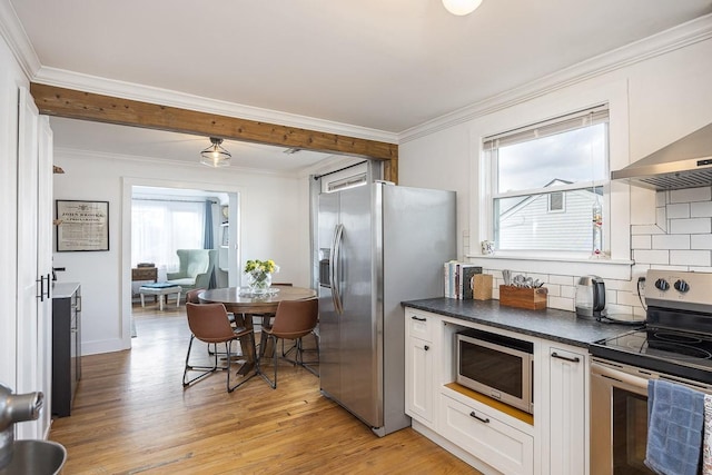 kitchen featuring white cabinetry, backsplash, stainless steel appliances, ornamental molding, and light wood-type flooring