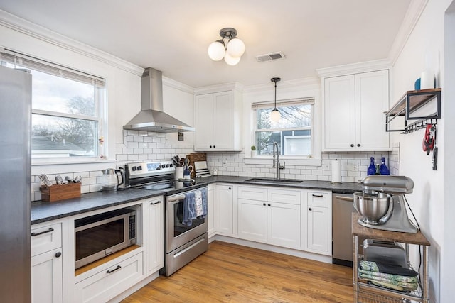 kitchen with sink, white cabinets, wall chimney exhaust hood, and appliances with stainless steel finishes