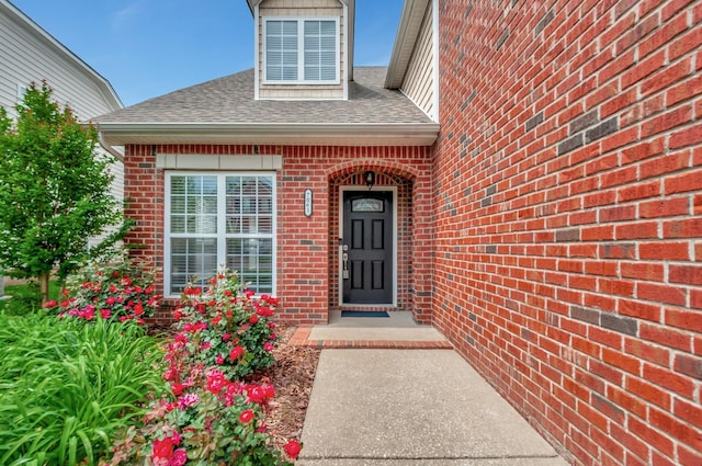 property entrance featuring brick siding and a shingled roof