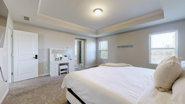 carpeted bedroom featuring ornamental molding and a raised ceiling