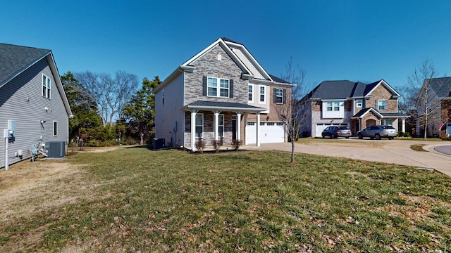 view of front of home featuring a garage, central AC, covered porch, and a front lawn