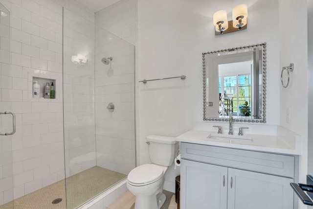 bathroom with vanity, a shower with shower door, and toilet