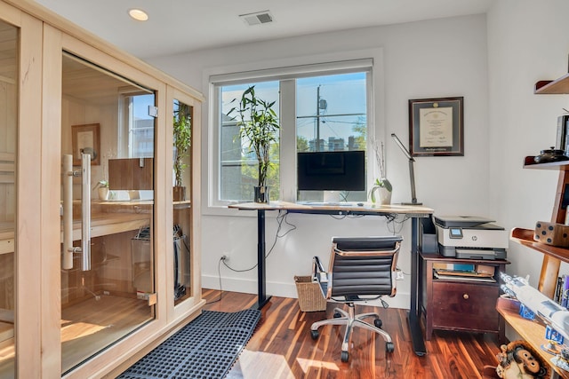 office area with hardwood / wood-style flooring