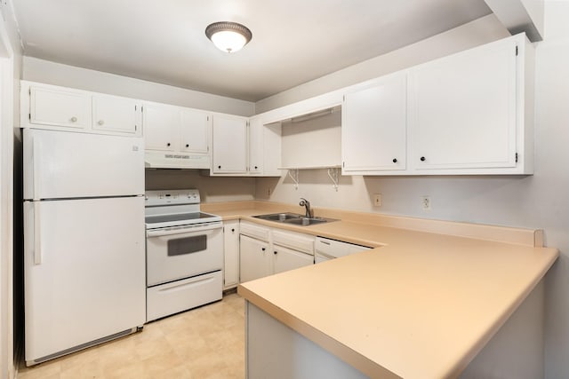 kitchen with sink, white cabinets, white appliances, and kitchen peninsula