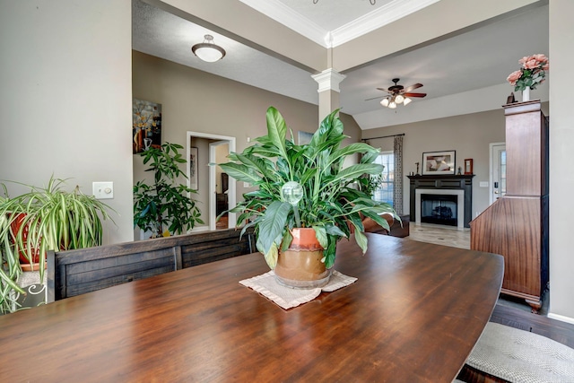 dining space with ornate columns, vaulted ceiling, ornamental molding, ceiling fan, and dark wood-type flooring