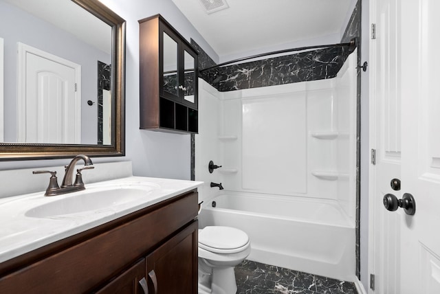 full bathroom featuring vanity, shower / bathtub combination, and toilet