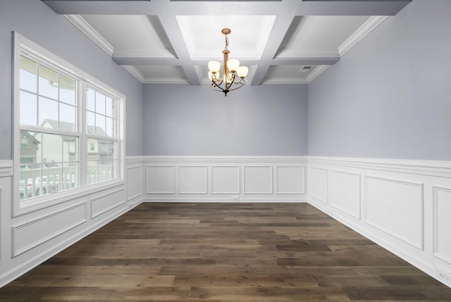 unfurnished dining area featuring an inviting chandelier, coffered ceiling, dark hardwood / wood-style flooring, and beamed ceiling