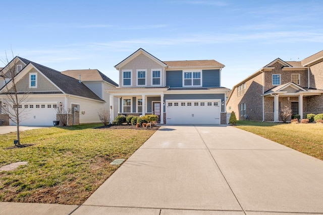 view of front of house with a garage, a front lawn, and a porch