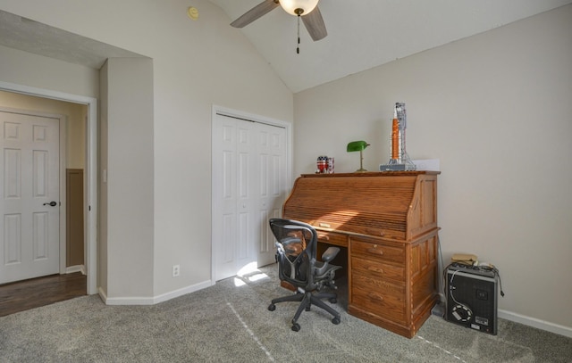 carpeted home office featuring high vaulted ceiling and ceiling fan