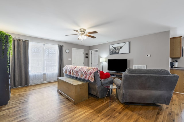 living room featuring ceiling fan and light hardwood / wood-style flooring