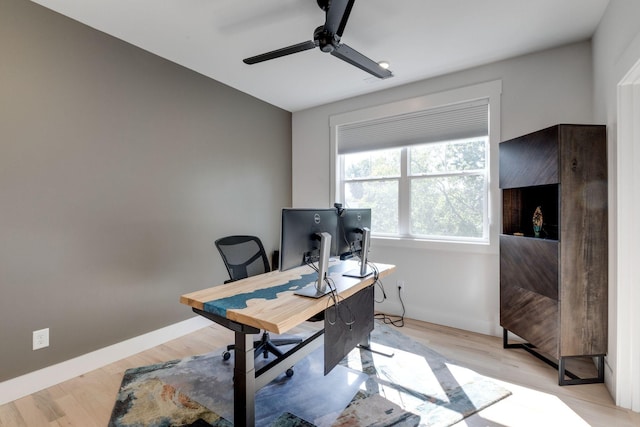 home office with ceiling fan and light hardwood / wood-style floors