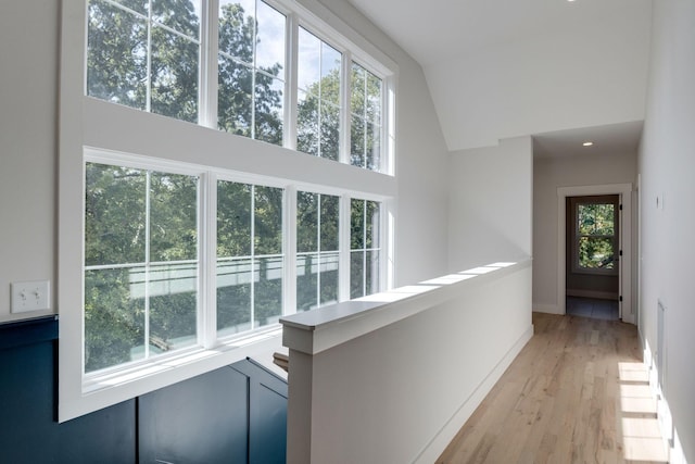 hall with high vaulted ceiling and light hardwood / wood-style floors