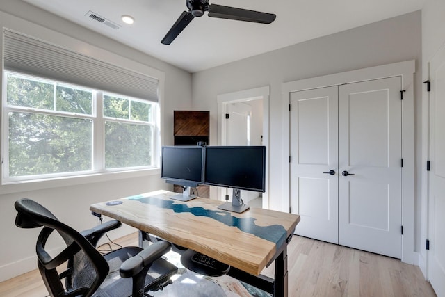 home office with ceiling fan and light hardwood / wood-style floors