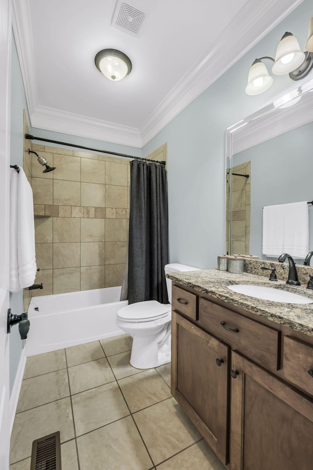 full bathroom featuring shower / tub combo with curtain, tile patterned flooring, vanity, toilet, and crown molding