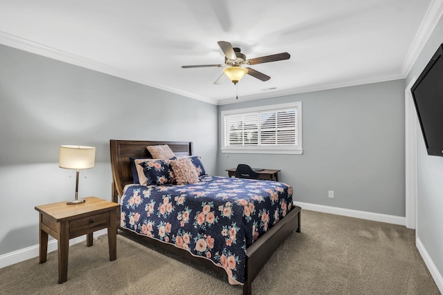 carpeted bedroom featuring crown molding and ceiling fan