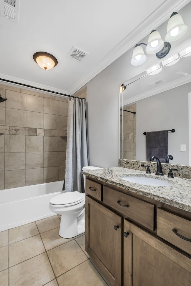 full bathroom with vanity, shower / tub combo, toilet, crown molding, and tile patterned floors