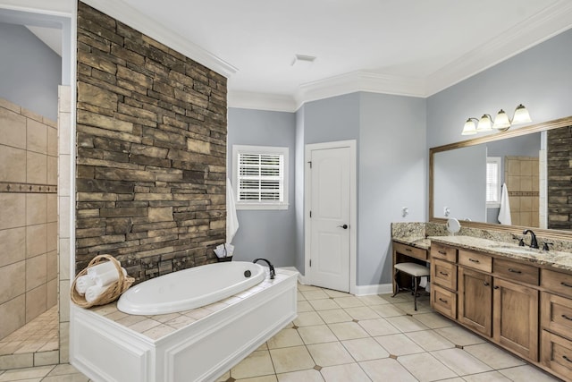 bathroom featuring vanity, crown molding, tile patterned floors, and separate shower and tub