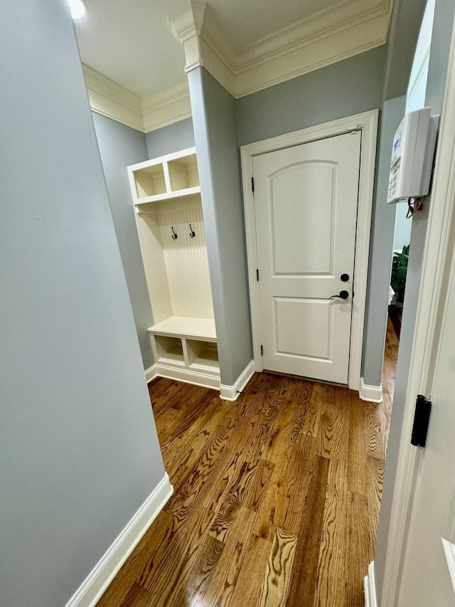 mudroom featuring wood-type flooring and ornamental molding