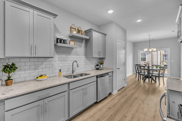 kitchen with sink, gray cabinetry, hanging light fixtures, stove, and stainless steel dishwasher