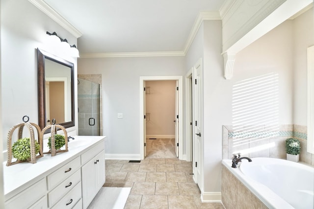 bathroom with ornamental molding, plus walk in shower, tile patterned flooring, and vanity