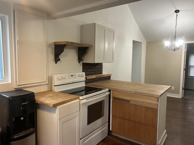 kitchen with pendant lighting, white range with electric stovetop, lofted ceiling, wooden counters, and dark wood-type flooring