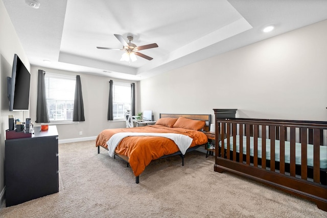 carpeted bedroom featuring a raised ceiling