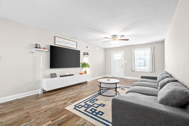 living room with ceiling fan and wood-type flooring