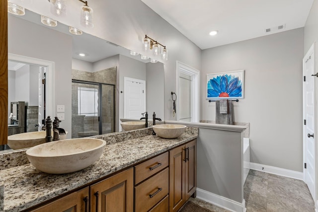 bathroom with vanity and plus walk in shower