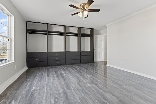 unfurnished bedroom featuring multiple windows, ornamental molding, dark hardwood / wood-style floors, and ceiling fan