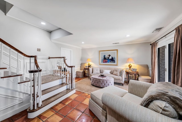 tiled living room with crown molding