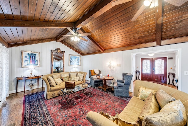 living room featuring french doors, wood ceiling, lofted ceiling with beams, hardwood / wood-style flooring, and ceiling fan