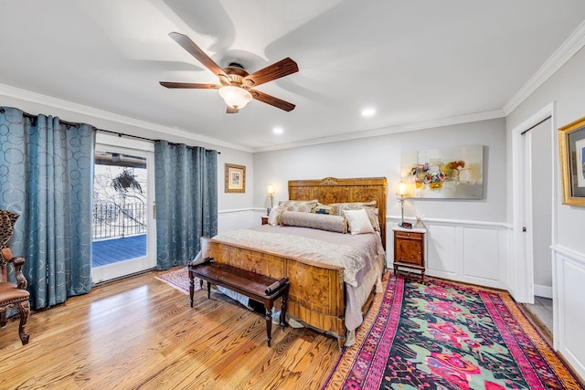 bedroom featuring crown molding, ceiling fan, access to exterior, and light wood-type flooring