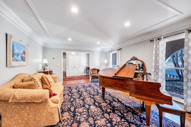 interior space with crown molding and wood-type flooring