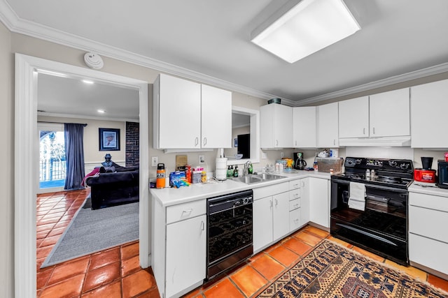 kitchen with crown molding, white cabinets, and black appliances