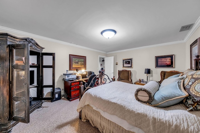 carpeted bedroom featuring ornamental molding