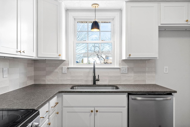 kitchen featuring white cabinetry, stainless steel dishwasher, sink, and hanging light fixtures