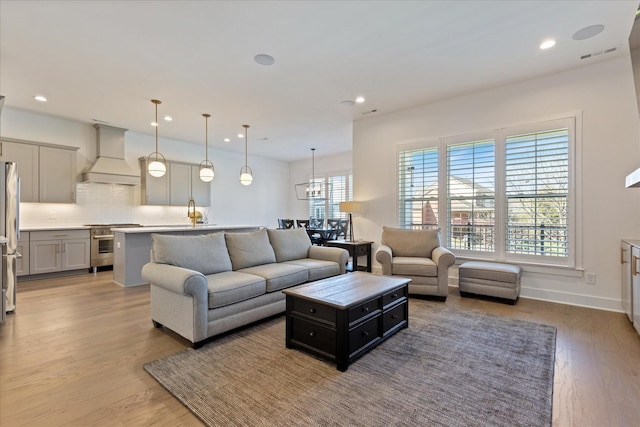 living room with sink and light wood-type flooring