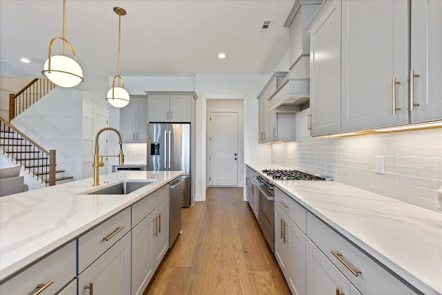 kitchen featuring sink, tasteful backsplash, decorative light fixtures, gray cabinets, and stainless steel appliances