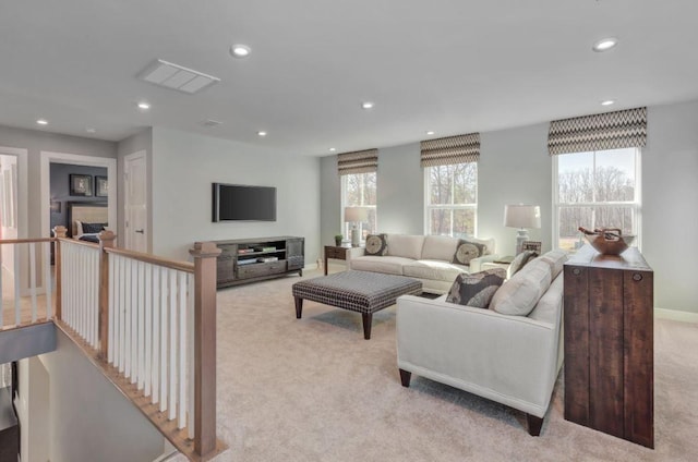 living room with light carpet